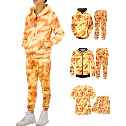 OGKB 2 Piece Set Mens Fashion Loose Food 3D Sweatpants Jacket Hoodie T-shirt Print Fries Chips Streetwear Plus Size 6XL