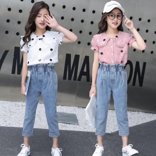 Summer Girl Clothing Sets 2021 New Teens Clothes Cute Doll Turn Collar Black Dot Embroidered Short Sleeve Two Pieces Suits