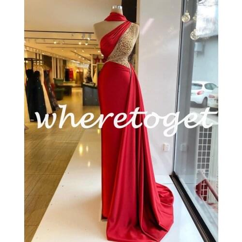 Red Satin Mermaid Lace Formal Evening Dresses 2021 One Shoulder Overskirt Train Beaded Plus Size Arabic Women Prom Gowns