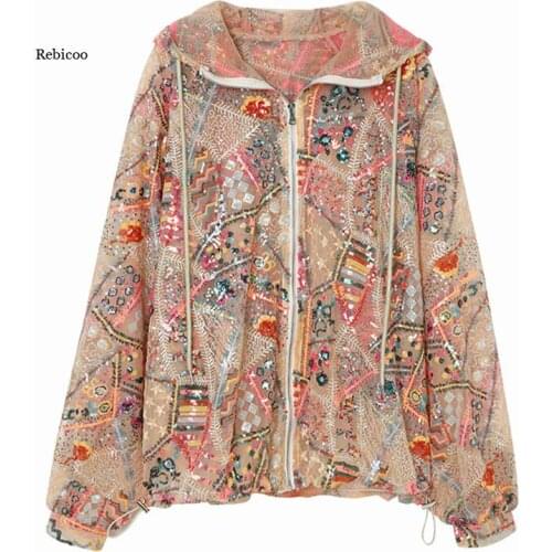 Summer Womens Loose Casual Sequin Embroidery Hooded Coats Lace Straight Long Sleeve High Quality Cardigan Jacket Outerwear