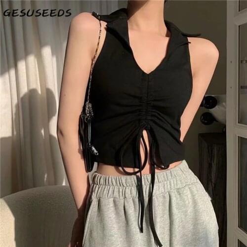 Fashion Tank Top Women Backless Tops Sexy Sleeveless Halter Top Turn Down Collar Crop Top Shirt Drawstring Black Crop Tops Split