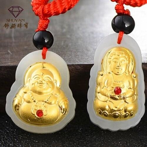 Jadery Fashion Jade Necklaces & Pendants Buddha Guanyin Jade Inlaid Gold Pendant Long Necklace Women Men Fine Jewelry 2019 Gifts