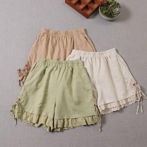New Mori Girl Lace Splice Cotton Linen Womens Shorts Embroidered Elastic Waist Loose Casual Shorts