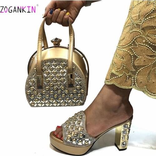 Gold New Fashion Nigerian Slippers And Matching Bag Set PU Leather Shoes And Bag Set For Party Autumn Ladies Wedding Shoes