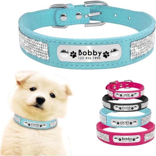 Bling Rhinestone Dog Collar Suede Leather Personalized For Small Medium Dogs Engraved Custom Chihuahua Puppy Cat ID Tag Collar