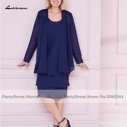 Lakshmigown Plus Size Mother Of The Bride Dresses 2020 Robe de soiree Navy Blue Chiffon Beads Reffled Dinner Party Dress Knee