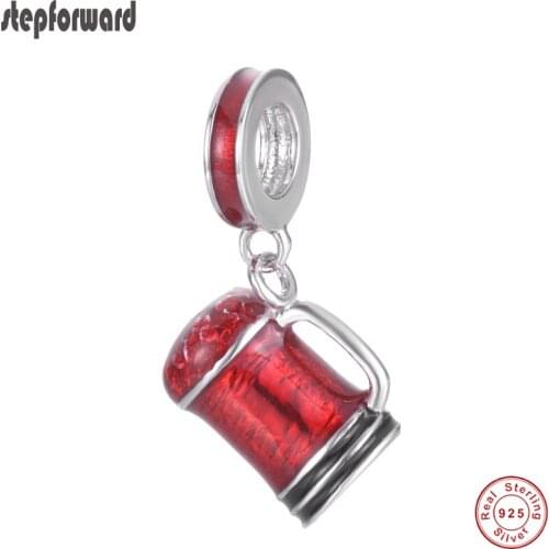 Popular Good Quality Red Enamel DIY 925 Sterling Silver Vacuum Cup Hanging Charm Pendants Fit Bracelet Beads Jewelry Making