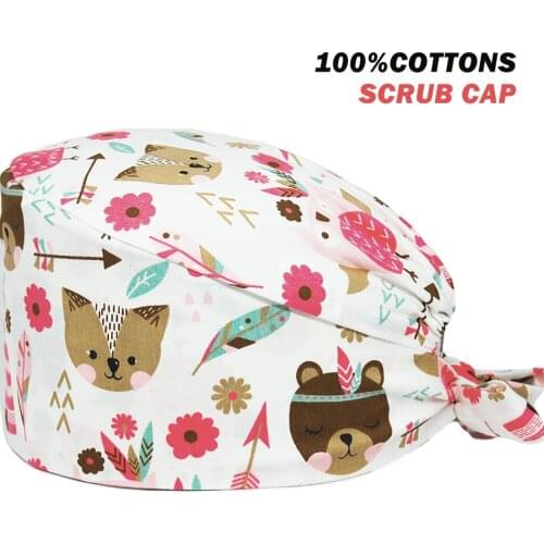 Tie Back Scrub Hat Bears Printing Adjustable Work Anime Nursing Caps Beauty Salon Lab Dental Clinic Pet Shop Working Scrubs Hat