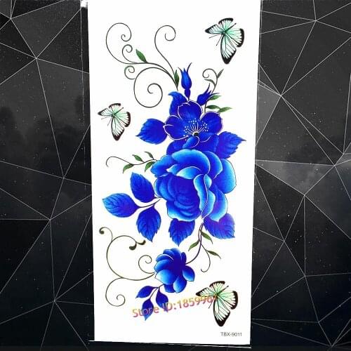 Blue Rose Butterfly Lace Flowers Temporary Tattoo Stickers Body Arm Fake Flash Legs Chest Waist Waterproof Tattoo Summer Style