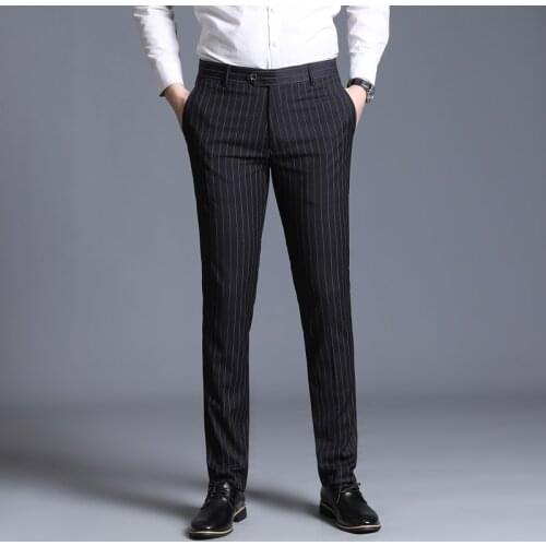 Streetwear Formal Dress Pants Men Fashion Pocket Side Office Trousers Men Stretch Striped Wedding Pant for Business Man