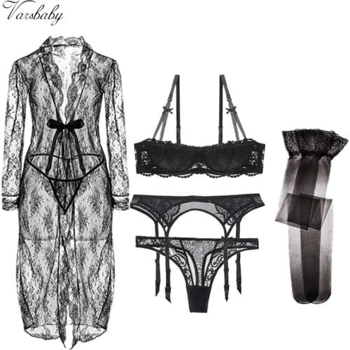 Varsbaby 5 Pcs/Lots Sexy Lace Floral Underwear Gather Bra+Thong+Belt+Stockings+See-Through Nightgown Lingerie Sets
