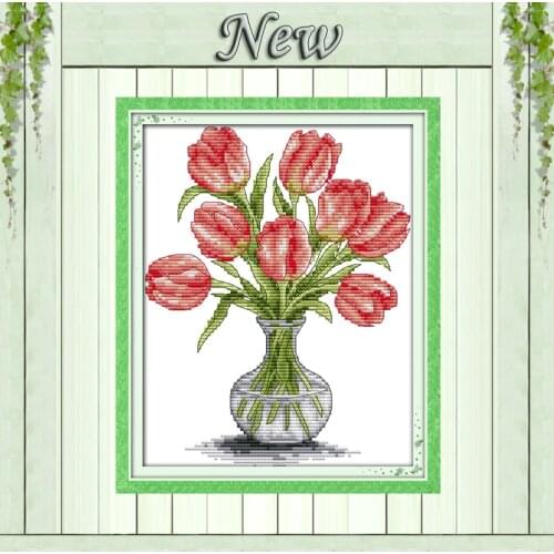 Tulip vase flowers DIY Crafts Paintings,Counted Print on Canvas DMC 14CT 11CT DIY Cross Stitch Needlework Kits Embroidery Sets