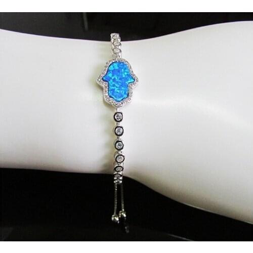 High quality blue fire opal hamsa hand bezel cz tennis chain hamsa hand bracelet 925 silver bridal wedding gift