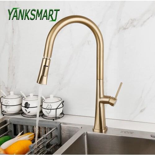 YANKSMART Brushed Gold Kitchen Faucet Pull Out Basin Sink 360 Rotation Kitchen Shower Faucet Deck Mounted Mixer Water Tap