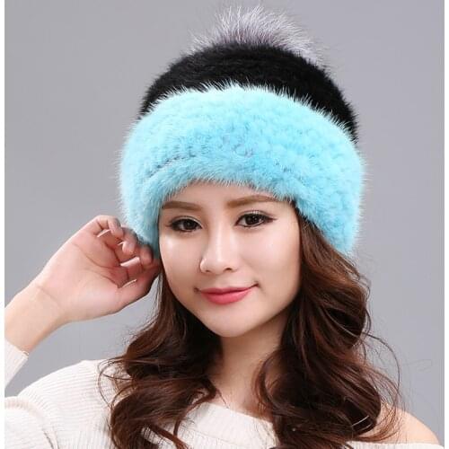Womens Natural Mink Hat Warm Winter Hats for Women Large Fox Fur Pompom Autumn Bonnet Gorros Mujer Invierno MY812
