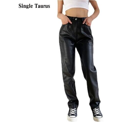 Female Faux Leather Cargo Pants 2021 Loose England Black High Waist PU Pants Pockets Fashion Sexy Straight Trousers Streetwear