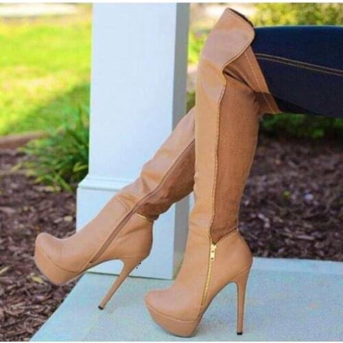 Moraima Snc Runway Platform High Heel Boots Beige Suede Leather Patchwork Over the Knee Woman Shoes Sexy Thigh High Boots
