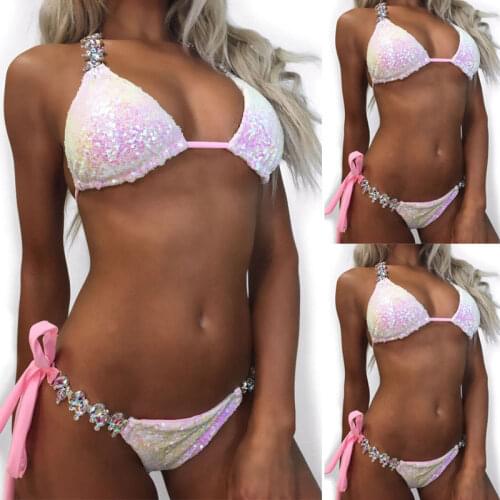 Women Ladies Summer Swimwear Sequins Bikini Push-Up Padded Bra Swimwear Swimsuit Bathing Suit 2 Piece Set