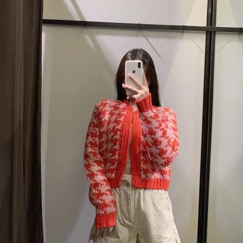Za Women Autumn Winter Plaid Splicing Knitted Butto Loose Knit Sweater Coat O Neck knitted Cardigan XITIMEAO