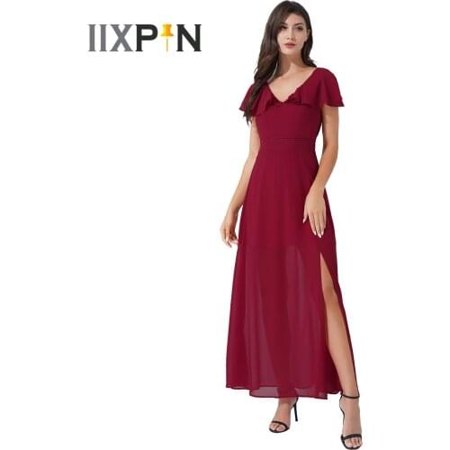 Sexy Women Dress Chiffon Maxi Dress V Neck Self-Tie Backless Side Slit Party Dress Wedding Bridesmaid Womens Summer Dress