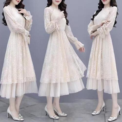 2021 New Spring Autumn Women French Elegant Style Long Sleeve Lace Dress O-neck Slim One-piece Mid-calf Party Dresses Y553