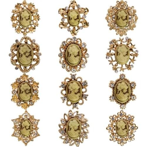 Gold Crystal Rhinestone Flower Vintage Victorian Cameo Brooch Pin Set for Women