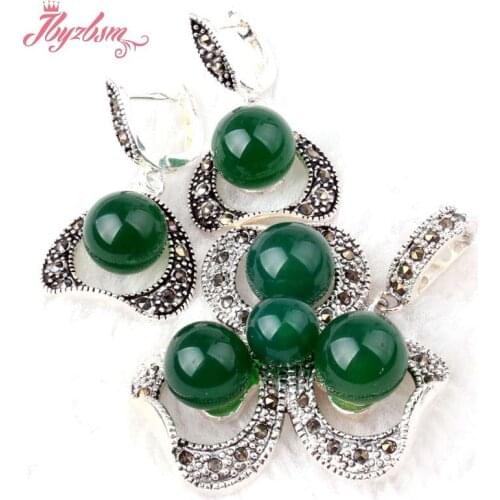 8.10mm Round Green Agates Marcasite Tibetan Silver Classical Necklace Pendant 35x45mm Earring 19x25mm Jewelry 1Set Free Shipping