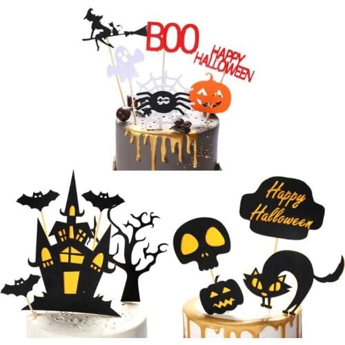 16pcs Halloween Cake Toppers DIY Cupcake Topper Castle Ghost Pumpkin Cake Flags