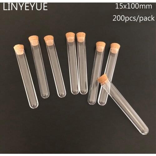200pcs/pack 15*100mm Transparent Plastic Test tube with Cork Stopper U-shape bottom for Laboratory or Wedding favours