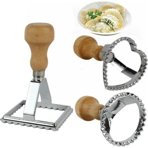 3pcs/set Shape Square Heart Round Ravioli Stamp Dumpling Wrapper Mould Pasta Cookie Dough Cutter Aluminum with Beach wood Handle