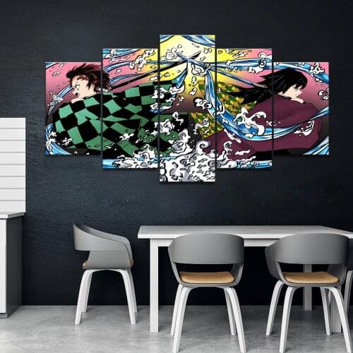 5 Panels HD Anime Boy Picture Tomioka Giyuu Demon Slayer Kamado Tanjirou Poster Animation Art Wall Decor Paintings