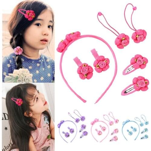 7Pcs/Set Cute Princess Girls Headwear Kid Childrens Flowers Hairpins Hair Clips Elastic Hair Band Headdress Hair Accessories