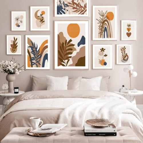 Abstract Boho Mid Century Sun Moon Rainbow Leaves Wall Art Print Canvas Painting Nordic Poster Decor Pictures For Living Room