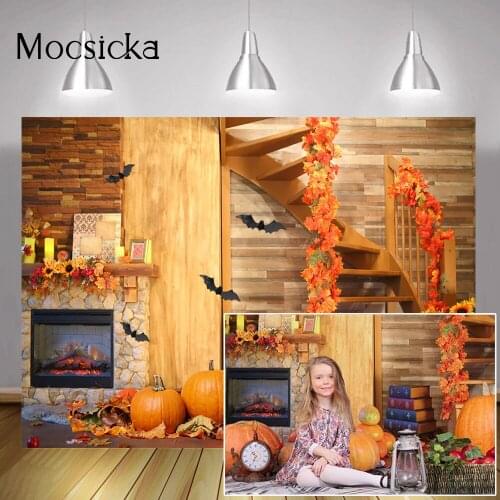 Autumn Backdrop Newborn Children Fall Portrait Background Fireplace Thanksgiving Day Photography Sunflowers Pumpkin Maples Decor