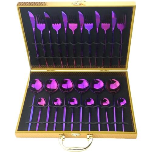 24Pcs Purple Dinnerware Set Knife Fork Spoon Cutlery Set 304 Stainless Steel Mirror Tableware Set Party Kitchen With Gift Box