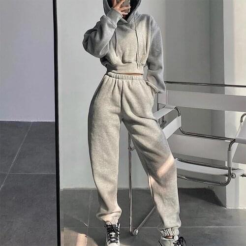 Womens Tracksuit Crop Top Hoodies Two Pieces Set High Waist Pullover Hooded Joggers Suit Female 2021 Autumn Lady Sportwear Sets