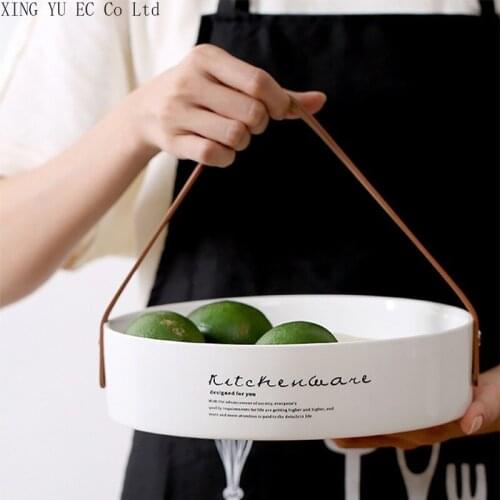 Leather Portable Ceramic Round Dinner Plate Creative Fruit Plate Vegetable Basket Salad Plate Dessert Plate Ceramic Tableware