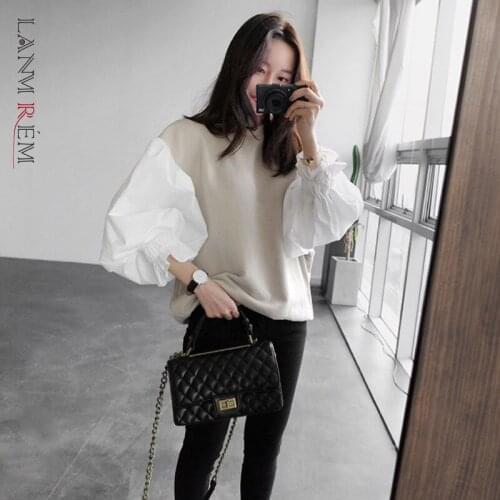 LANMREM 2021 Spring And Autumn Women Round Neck Casual Top Lantern Long Sleeve Female Stitching Color Pullover 2W171