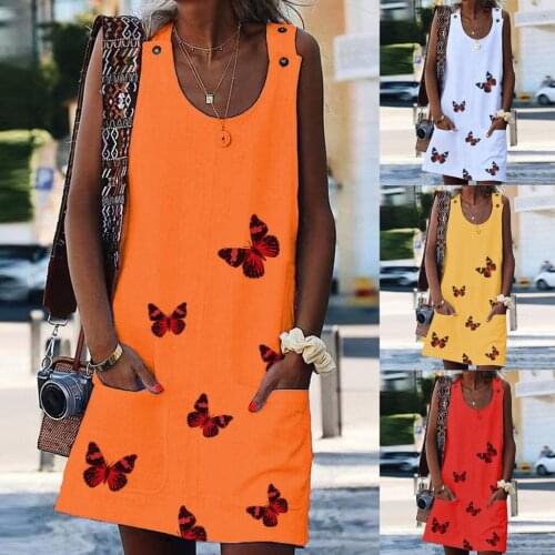 Summer Women Butterfly Prints Sleeveless U Neck Sundress Button Pockets Mini Dress Causal Cocktail Party Night Dresse Plus Size