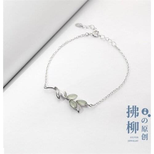 Fashion 925 Sterling Silver Elegant Zircon Moonstone Leaf Leaves Adjustable Chain Bracelets For Women Accessories Party SB078
