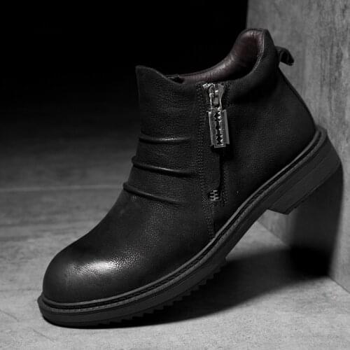 New Men Snow Boots Winter Plush Warm Men Side Zipper Non-slip Male Ankle Boots High Quality Chelsea Genuine Leather Mens Shoes