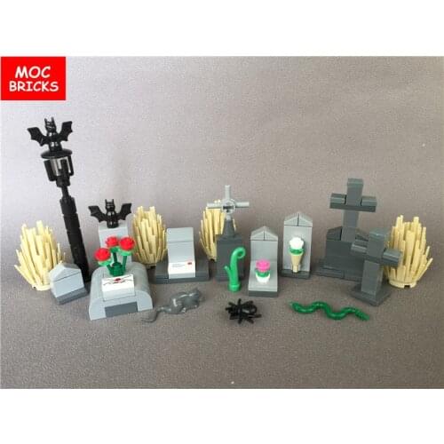 Set Sale MOC Bricks DIY Grave Stones - Graveyard with graves Haunted house snake bat rose plant figure Educational Toys