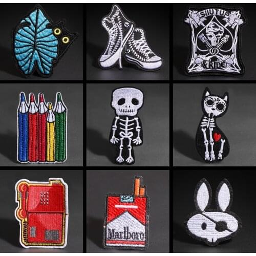 Skull Cat Shoe Patch for Clothing Iron on Embroidered Sewing Applique Cute Pencil Sew On Fabric Badge DIY Apparel Accessories
