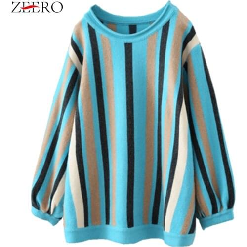 Fall Winter 2019 Women Blue Striped Lantern Sleeve Loose Sweaters Female Literary Casual O Neck Knitted Pullovers Tops Sweater