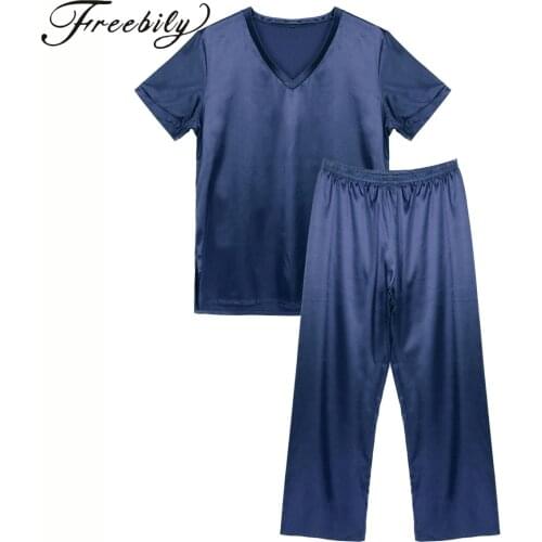 Mens Satin Pajama Set Summer Short Sleeve Sleepwear Tops Long Pants PJ Nightgown Casual Home Wear