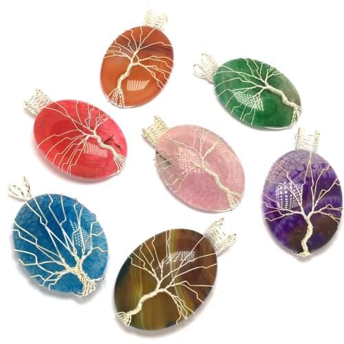 Natural Stone Pendant Silver Color Tree of Life Wire Wrap Elliptical shape Pendants for Jewelry Making DIY necklace accessories