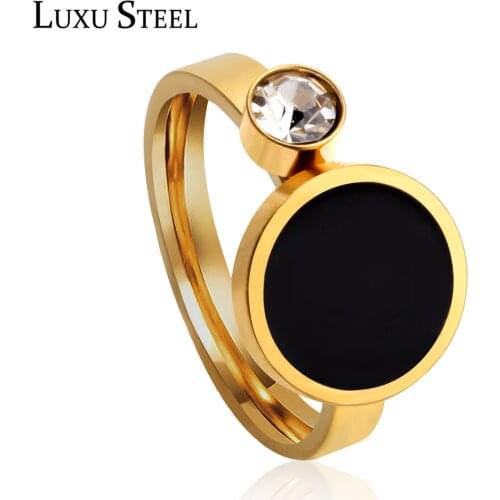 LUXUSTEEL Stainless Steel Wedding Figure Rings For Women/Men Black Color With Charm Crystal Engagement Ring US Size 6 To 9