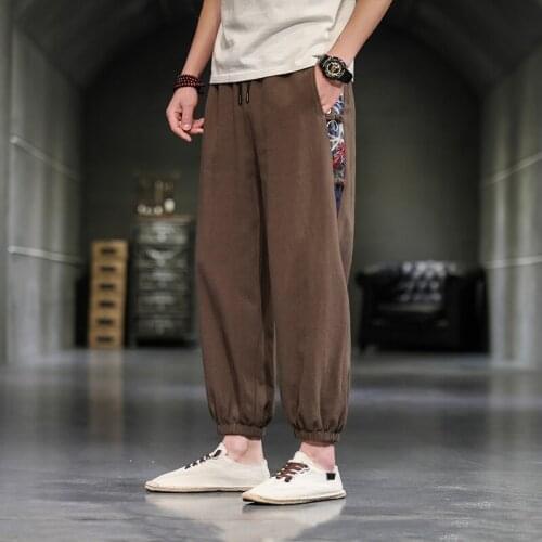 Chinese Style Harem Pants Men Joggers Sweatpants Japanese Streetwear Men Pants Trousers Cotton Linen Men Pants 2021 Kimono 30763