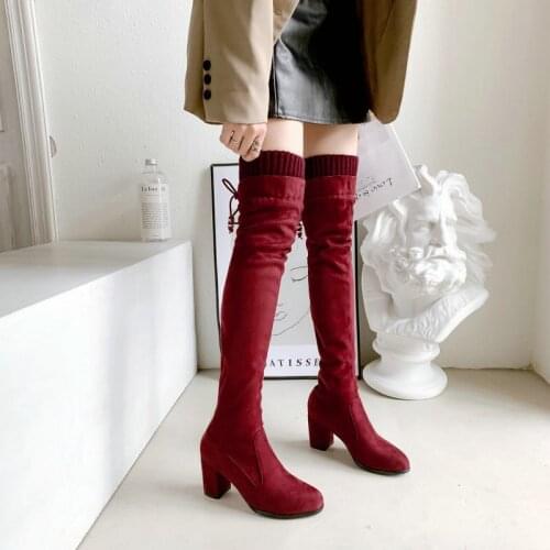 ZawsThia faux suede stretchy boots knitted fabric winter warm plush over-the-knee high heels sexy womens boots snow overknees