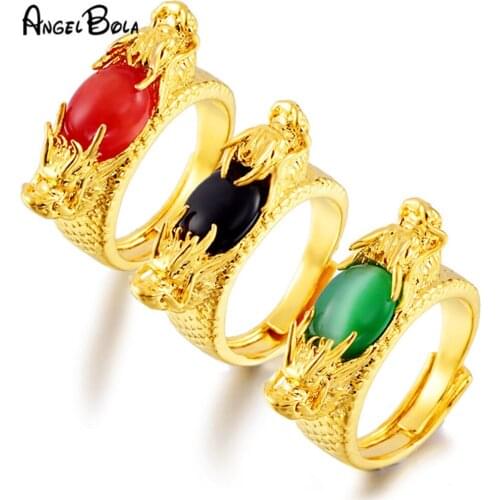 Vietnam Alluvial Gold Dragon Ring Mens Adjustable Gold Color Ring Gemstones Open Ring No Fade Fashion Brass Jewelry